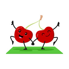 Cartoon playful cherry berry characters pair doing yoga or fitness exercises standing in yogi asana on mat to promote a healthful and lively lifestyle. Comical vector juicy berries engage in pilates