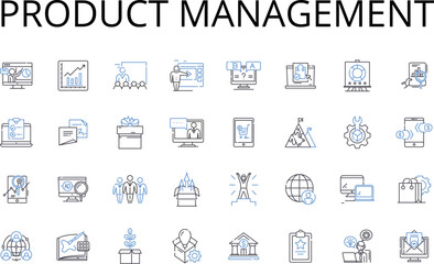 Product management line icons collection. Business development, Brand management, Marketing strategy, Sales operations, Team leadership, Project coordination, Market analysis vector and Generative AI