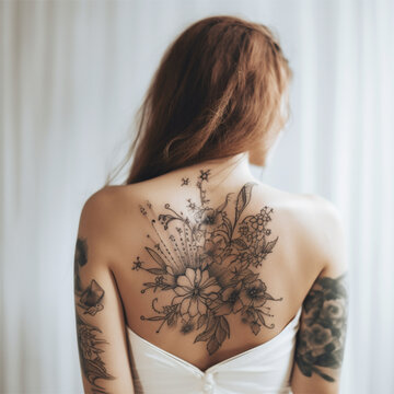 Linda tatuagem nas costas de uma mulher jovem criada por IA