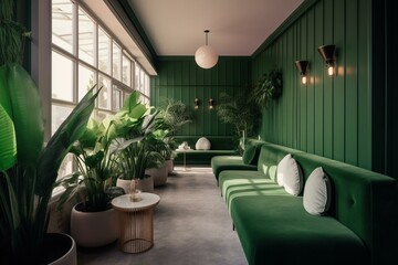 Open green lounge with patio access. Generative AI