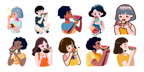 People is eating summer fruit vector set collection graphic clipart design