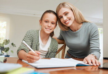 Obraz premium Our little go-getter. Shot of a mother helping her daughter with homework at the kitchen table at home.