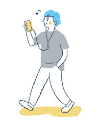 スマホで音楽を聴きながら歩く若い男性