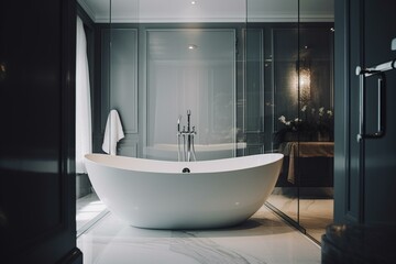Fototapeta na wymiar Bathroom with white corner tub. Generative AI