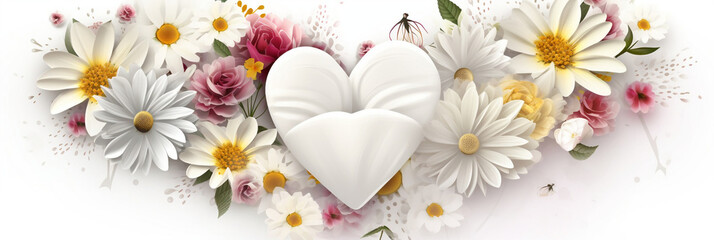 Illustration White heart banner with flowers over white background, Mothers day concept, Generative AI