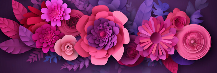 Women's Day, mother's day, Springtime greeting banner in saturated colors, red, pink, violet, dark purple, Leaves, flowers, plants and in center, Generative AI