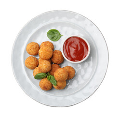 Delicious fried tofu balls, sauce and basil on white background, top view