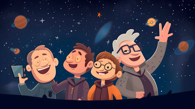Join the fun with a group of friendly cartoon astronomers as they celebrate Astronomy Day under a starry night sky. Generative AI
