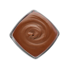 Bowl of tasty chocolate paste isolated on white, top view