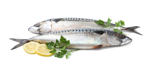 Mackerel fish with parsley and lemon on white background
