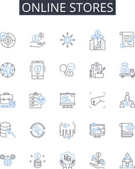 Online stores line icons collection. Web shops, Internet boutiques, Cybermarketplaces, Digital emporiums, E-commerce sites, Virtual retailers, Web-based markets vector and linear Generative AI