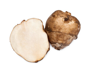 Whole and cut Jerusalem artichokes isolated on white, top view