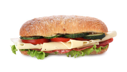 Delicious sandwich with fresh vegetables, cheese and salami isolated on white