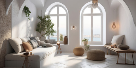 Fototapeta na wymiar Light room with big windows. Mediterranean style. Generative AI