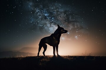 AI-generated silhouette of dog in night sky surrounded by fog and stars. Generative AI