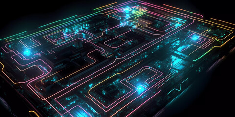 Electronic circuit board with processor, futuristic neon lighting
