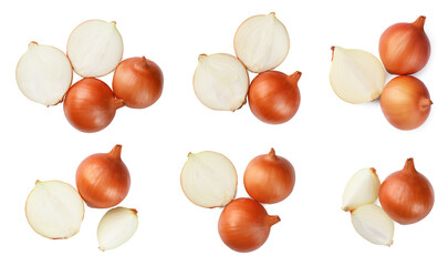 Many fresh onion bulbs isolated on white, top view. Collage design