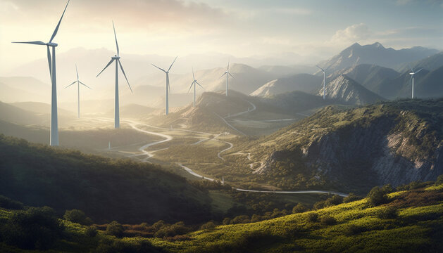 The Beauty of Nature and Technology: A Photo of Windmills in a Green Valley