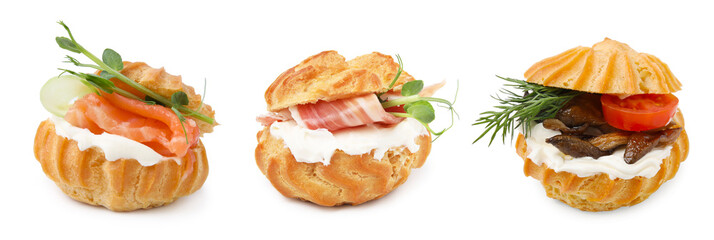 Collage with different tasty profiteroles on white background