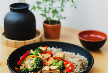 vegan stir-fry with tofu and broccoli created with Generative AI technology