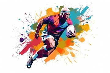 Fototapeta na wymiar Colorful abstract illustration of professional rugby player over white background. Generative AI illustration