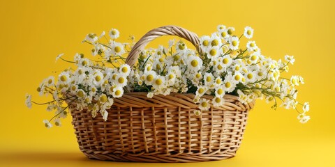 Fototapeta na wymiar Chamomile flowers inside wicker basket over yellow studio background. Generative AI