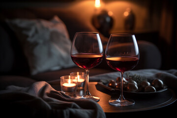 2 Gl&auml;sser Rotwein bei romanischem Ambiente mit Kerzenschein. Generative Ai.
