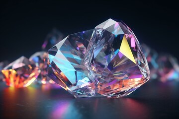 An abstract 3D render featuring diamond facets and diffracted light. Generative AI