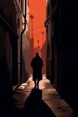 Illustration of stalker man in alley following, shadow in an alleyway - obrazy, fototapety, plakaty