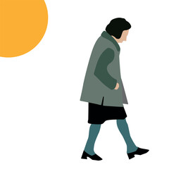 Vector mujer con tapado verda caminando con el sol del atardecer detrás