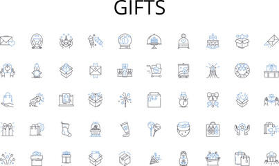Gifts line icons collection. E-commerce, Online shopping, Digital payments, Internet sales, Virtual storefront, Electronic transactions, Web commerce vector and linear illustration. Generative AI