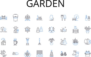 Garden line icons collection. Park, Lawn, Farm, Meadow, Orchard, Field, Botanical garden vector and linear illustration. Courtyard,Landscape,Green space outline signs set Generative AI
