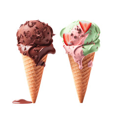 an isolated ice cream cone strawberry and mint chocolate chip, summer-themed photorealistic illustration on a transparent background cutout in PNG, generative ai