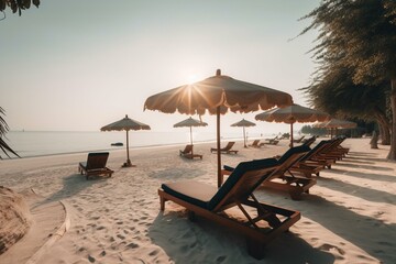 Tropical beach with sun loungers. Generative AI