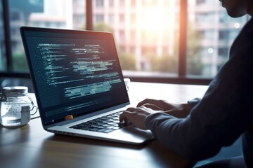 Digital technology, software development concept. Coding programmer, software engineer working on laptop with javascript on virtual screen. App development, agile methodology