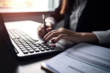 Close-up of a businesswoman's hand using a calculator and laptop to calculate finances on her office desk. Depicts the concept of business financial accounting.