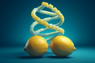 Realistic 4k image of a Lemon DNA strand on blue background, suitable for scientific presentations & educational materials. Generative AI