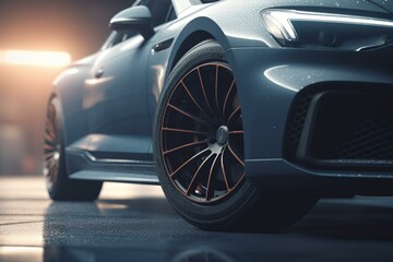 Fototapeta na wymiar 3D-rendered car wheels against uniform background with light haze. Generative AI