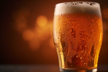 Close-up of a pint of beer with orange gradient background. Generative AI