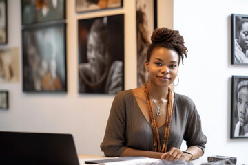 Portrait of Black small business woman owner at work in art gallery. Generative AI.