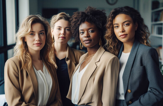 Group portrait of four diverse businesswomen in office. Generative AI.