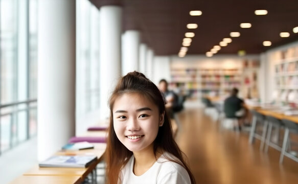 Portrait of Asian College student in college library. Generative AI.