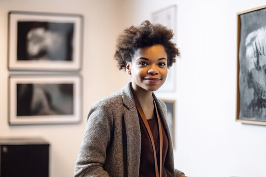 Portrait of Black woman college student intern working in art gallery. Generative AI.