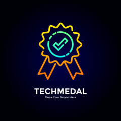 Tech medal check with black background logo vector template. Suitable for business, technology and rank symbol