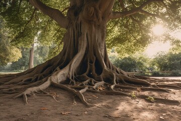 A large tree with visible roots in a park. Generative AI