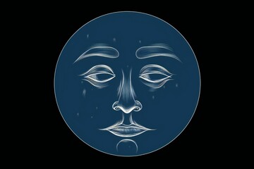Illustration of a round blue face with white lines in a black background, generative AI