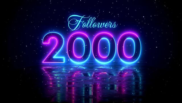 Futuristic Blue Purple Glowing Neon Light 2000 Followers Text Reveal With Floor Reflection Amid The Falling Snow On Dark Background, 5-15 Seconds Seamless Loop