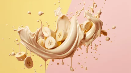 Tuinposter Splashing cream or milk with banana on pink background. Created with Generative AI technology. © IC Production