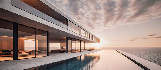 Ultra luxury ocean view beach house with a beautiful golden sunset. Modern architecture concept with a large pool for an amazing vacation (generative AI) - obrazy, fototapety, plakaty