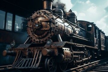 Fototapeta na wymiar A locomotive with steampunk design. Generative AI
